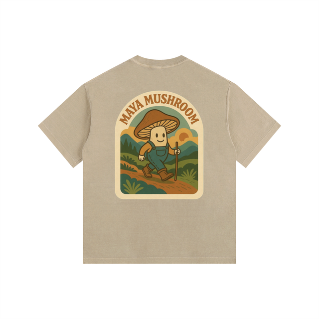 Garment-washed heavyweight cotton tee from Maya Mushroom. Retro Appalachian trail graphic on back, mushroom cluster on chest. Oversized drop shoulder fit.