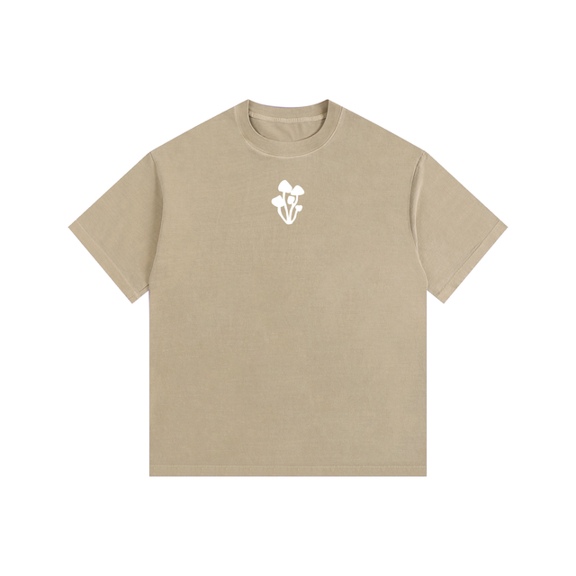 Garment-washed heavyweight cotton tee from Maya Mushroom. Retro Appalachian trail graphic on back, mushroom cluster on chest. Oversized drop shoulder fit.