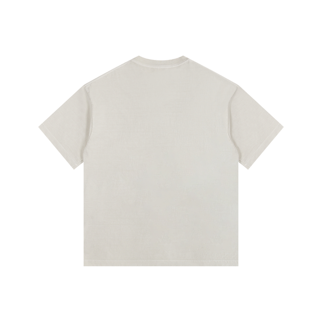 Garment-washed heavyweight cotton tee from Maya Mushroom. Full-color mushroom cluster on the chest, clean back. Oversized drop shoulder in natural cream. Simple and built to last.