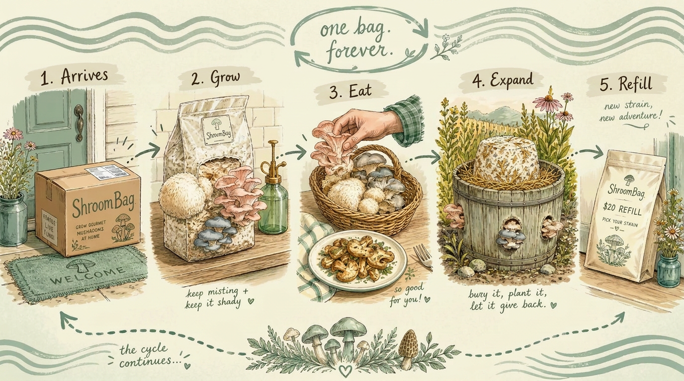 Illustrated ShroomBag lifecycle: box arrives, grow indoors, harvest and eat, expand the spent block in a straw-filled bucket outdoors with mushrooms fruiting from the sides, then refill with a new strain.