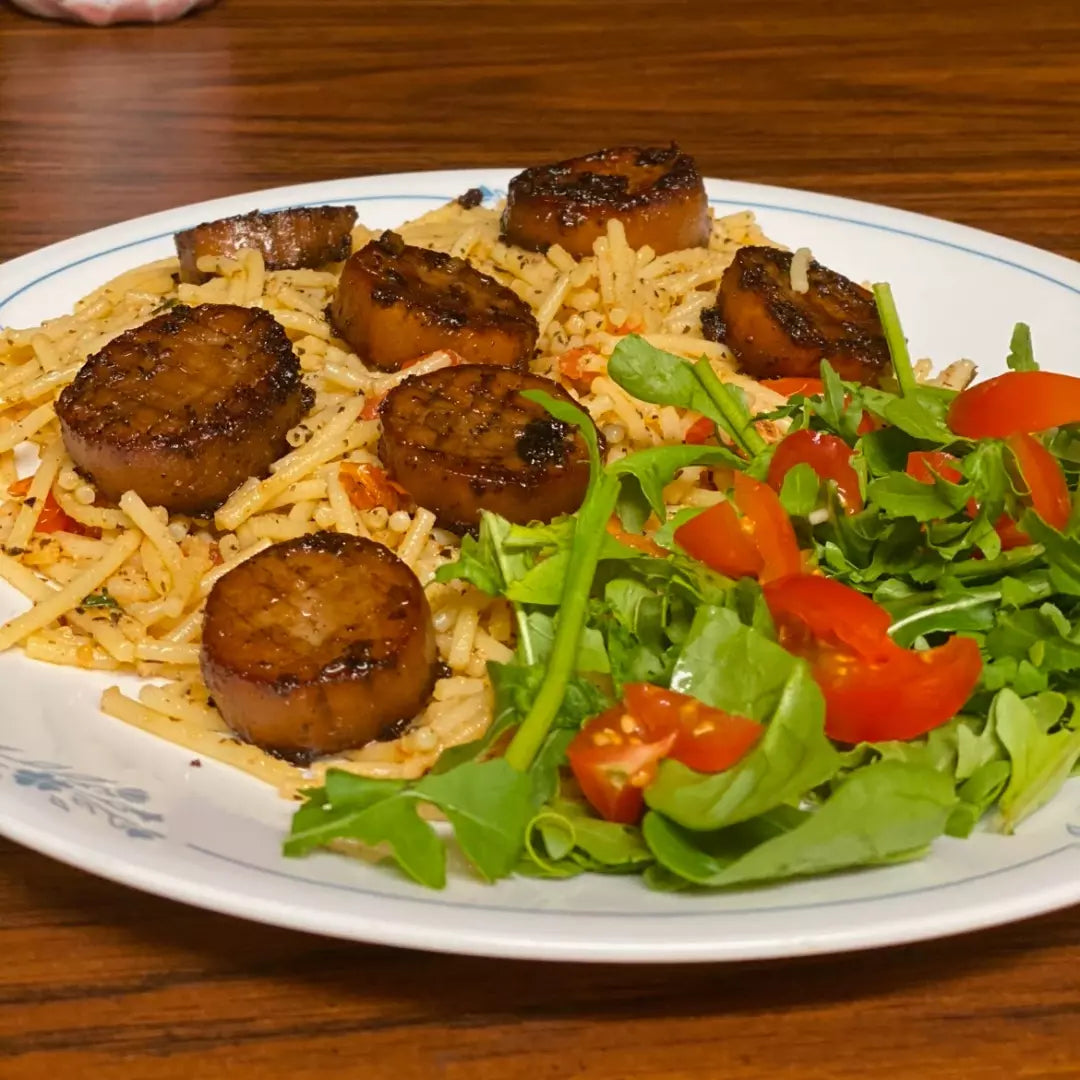 Mushroom Scallops from Home Grow Kit: Pan-Seared King Oyster Medallions over Rice with Fresh Salad - Elegant Dining