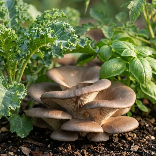 Mushrooms growing in a garden with green plants