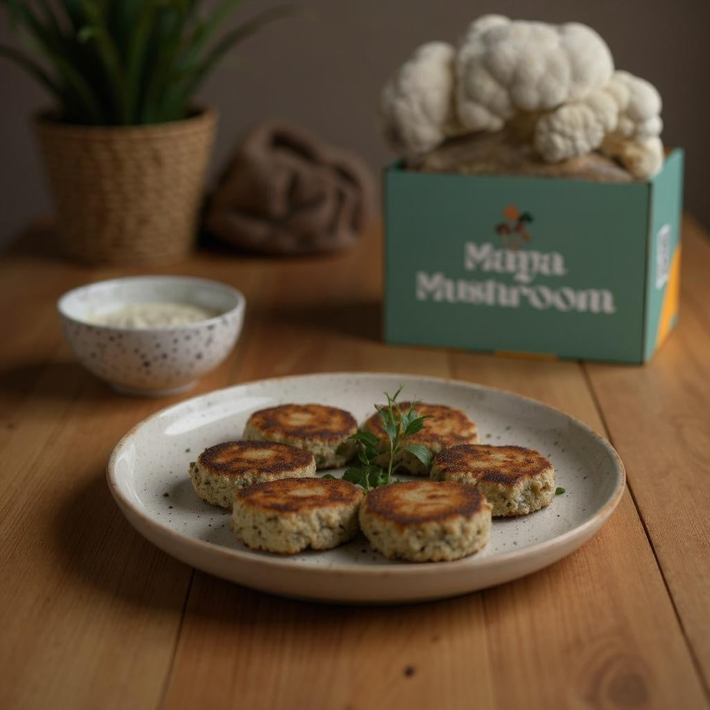 Plate of Lion's Mane "crab cakes" on a wooden table with ShroomBag in the background