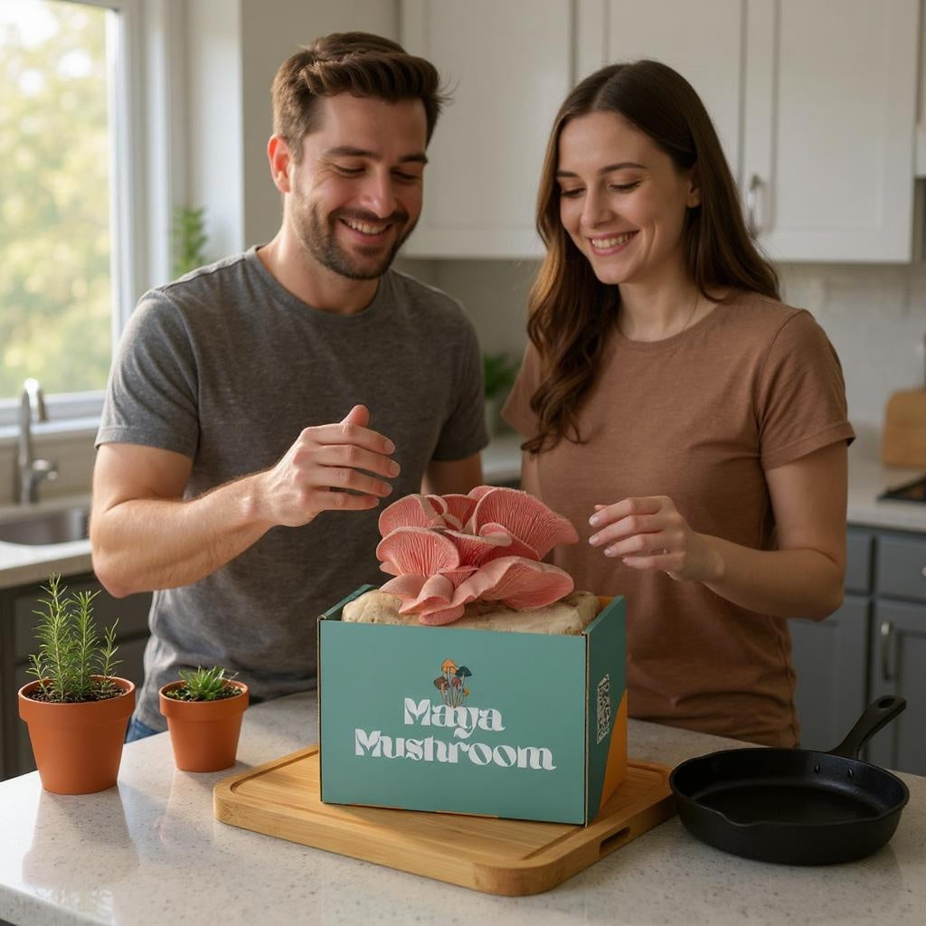 Man and woman in a kitchen picking pink oyster mushrooms from a ShroomBag