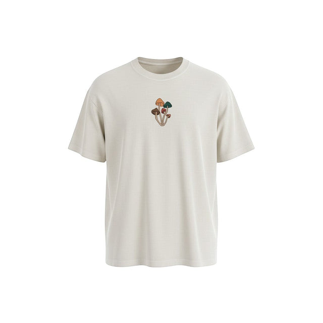Maya Mushroom cream heavyweight cotton t-shirt with embroidered mushroom cluster graphic on chest. Oversized fit.