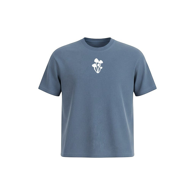 Maya Mushroom heavyweight washed blue cotton tee with oversized fit and drop shoulder, featuring a white mushroom graphic on the chest.