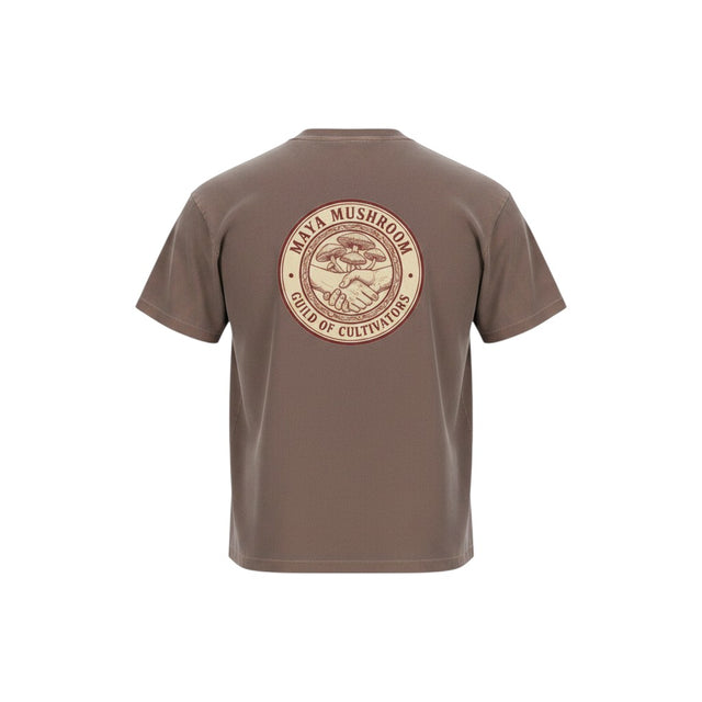 Maya Mushroom Guild of Cultivators heavyweight cotton tee in coffee color with graphic print on back.