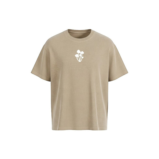 Maya Mushroom sand heavyweight 100% cotton oversized tee with a white mushroom graphic on the chest.
